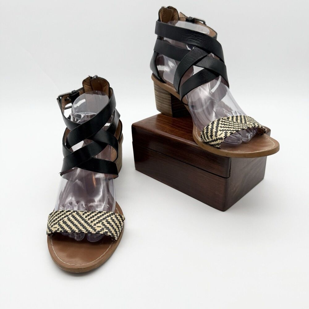 MADEWELL Lora Black Tan Block Heel Ankle Strap Sandals Coastal Cowgirl Aztec 9